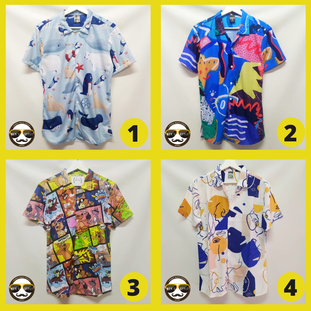 Baju Kemeja Printing Motif Pantai Hawai Pria Import Abstrak Guitar