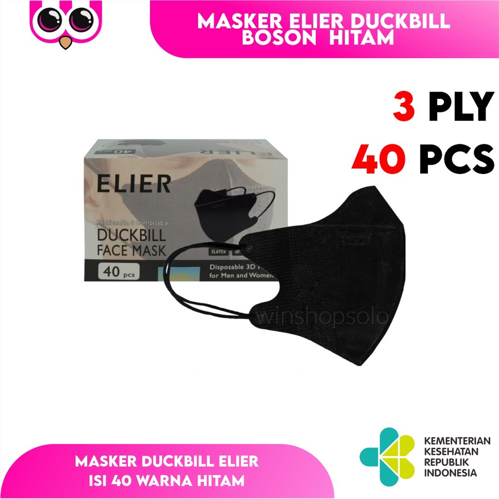 [ 40 DB HITAM ] ELIER DUCKBILL BOSON 3 PLY ISI 40 PCS / MASKER DUCKBILL ELIER ISI 40 WARNA HITAM