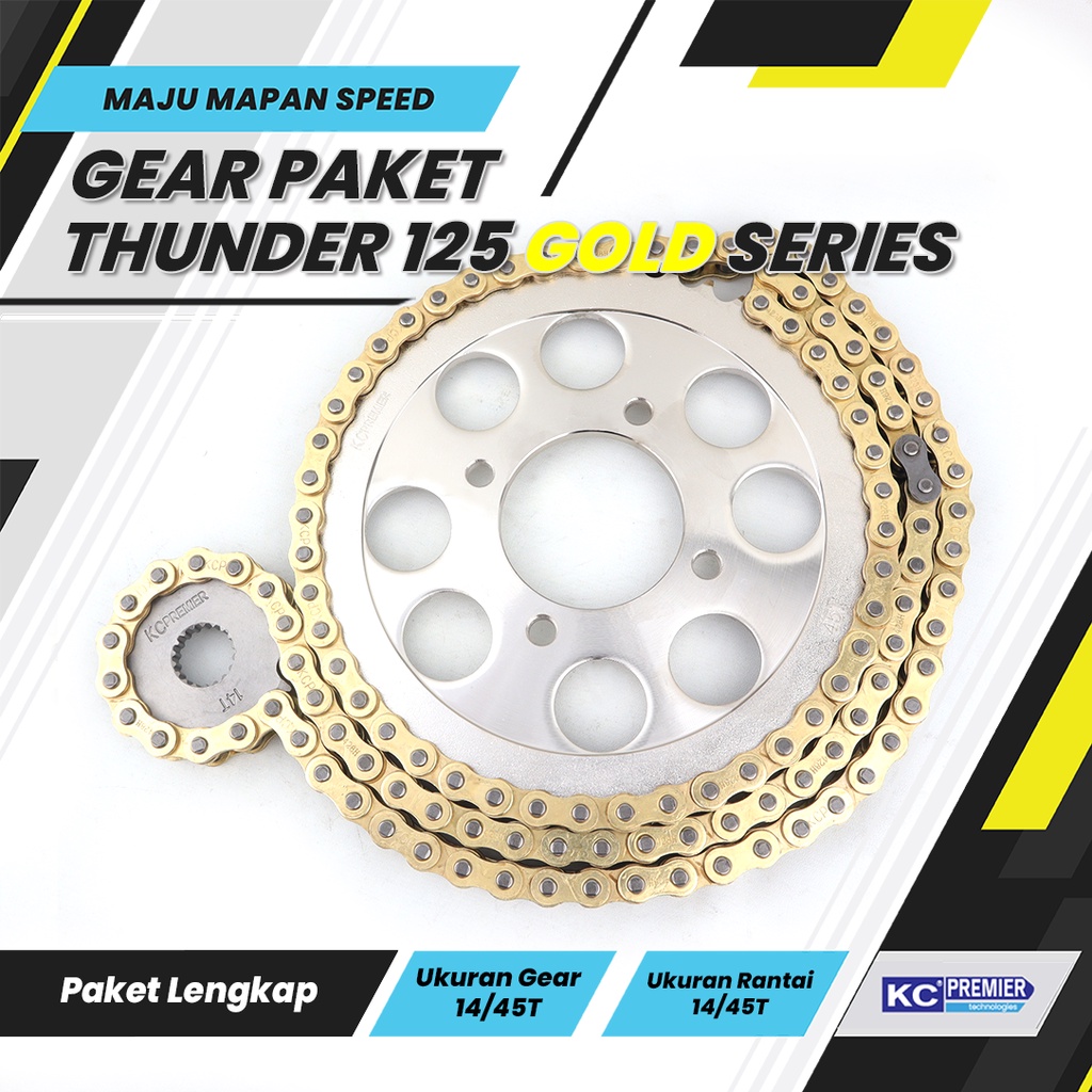 Gear Set Thunder 125 14T/45T 428HG-118L Model SSS Merk KC Premier (Gold Series) gir paket thunder