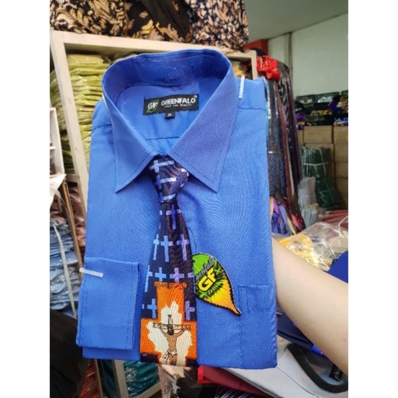 KEMEJA PRIA GREENFALO POLOS LENGAN PANJANG WARNA BIRU LAUT