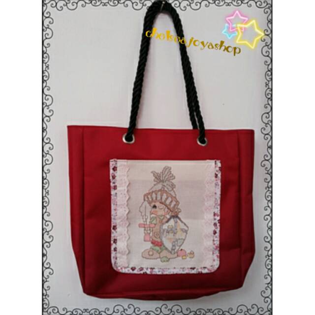 Tas kain parasit saku renda kristik/cross stitch guardian angel