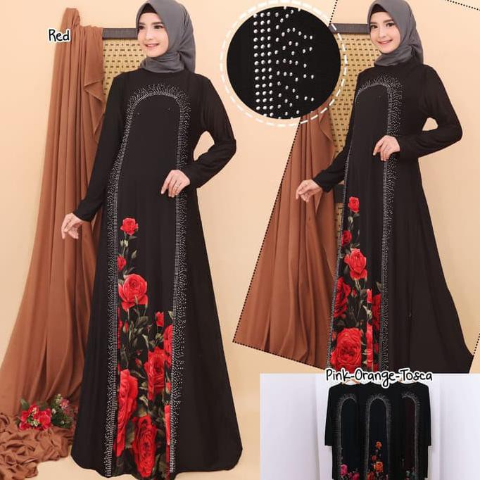Baju Gamis Wanita Gamis Jersey Kombinasi Motek 8189 Orange Berkualitas