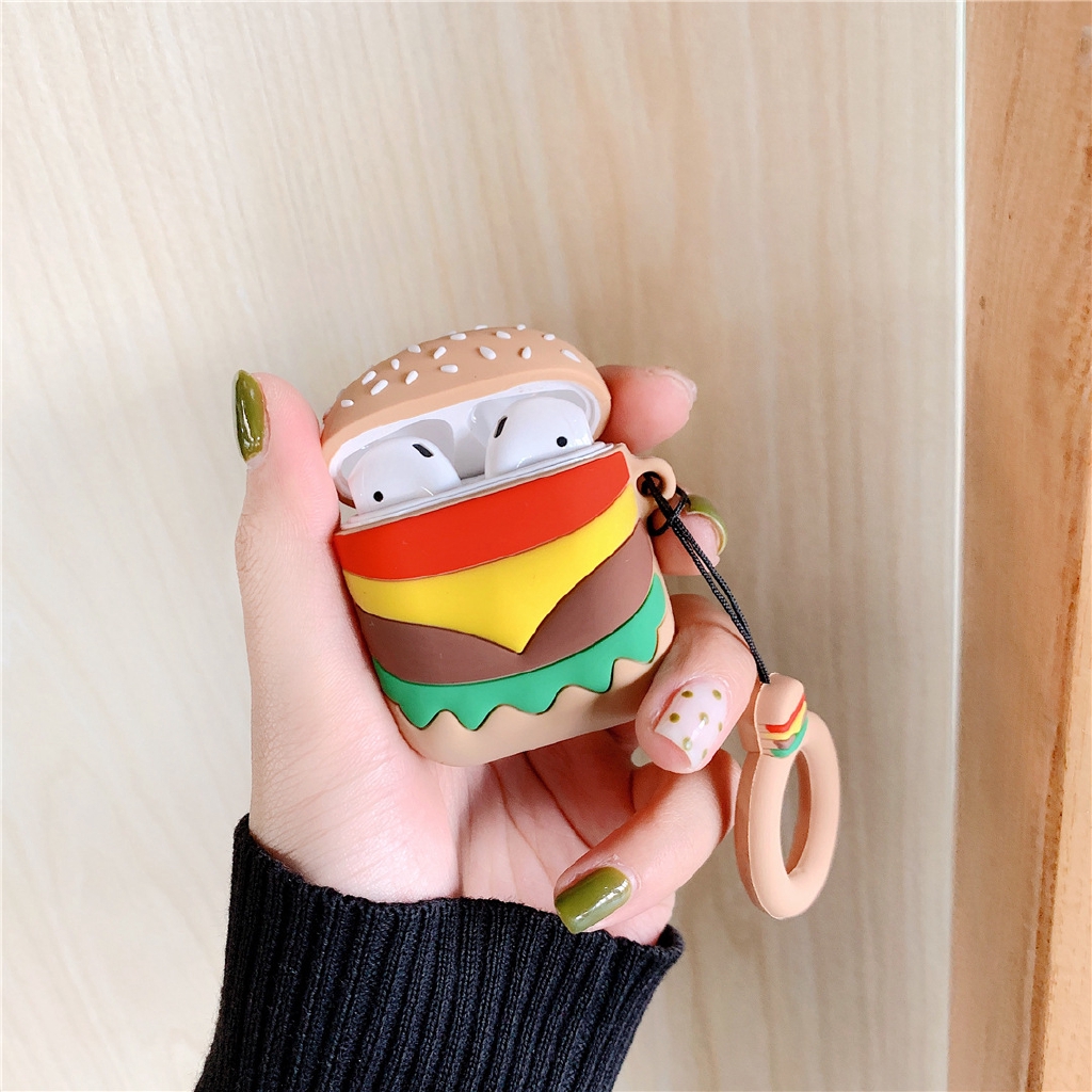 3d Lucu Burger Kentang Goreng Gambar Cincin Silikon Airpods Kasus