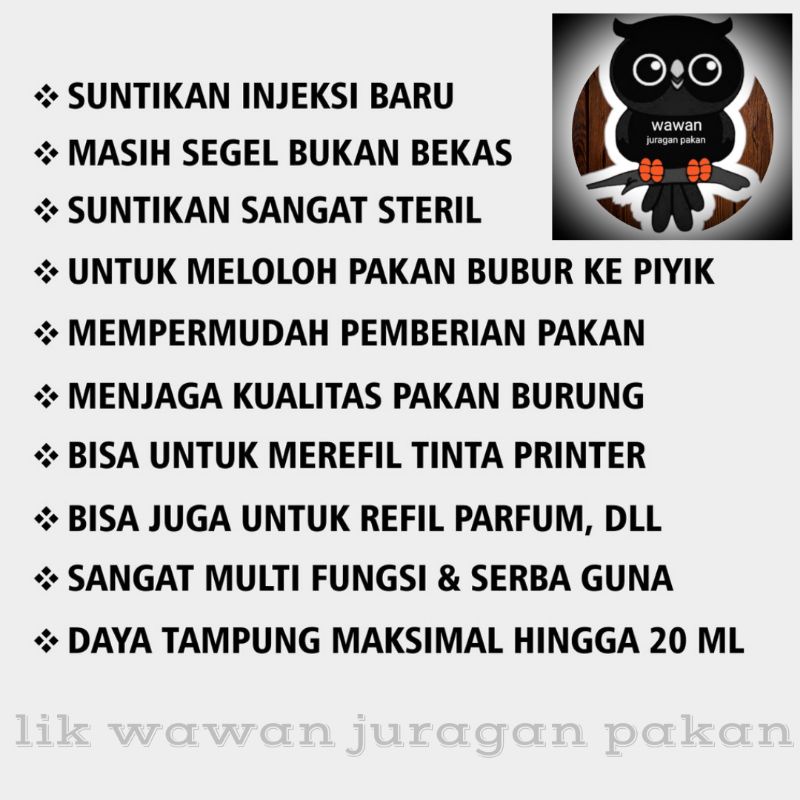 suntikan spet lolohan 20 ml, spet burung