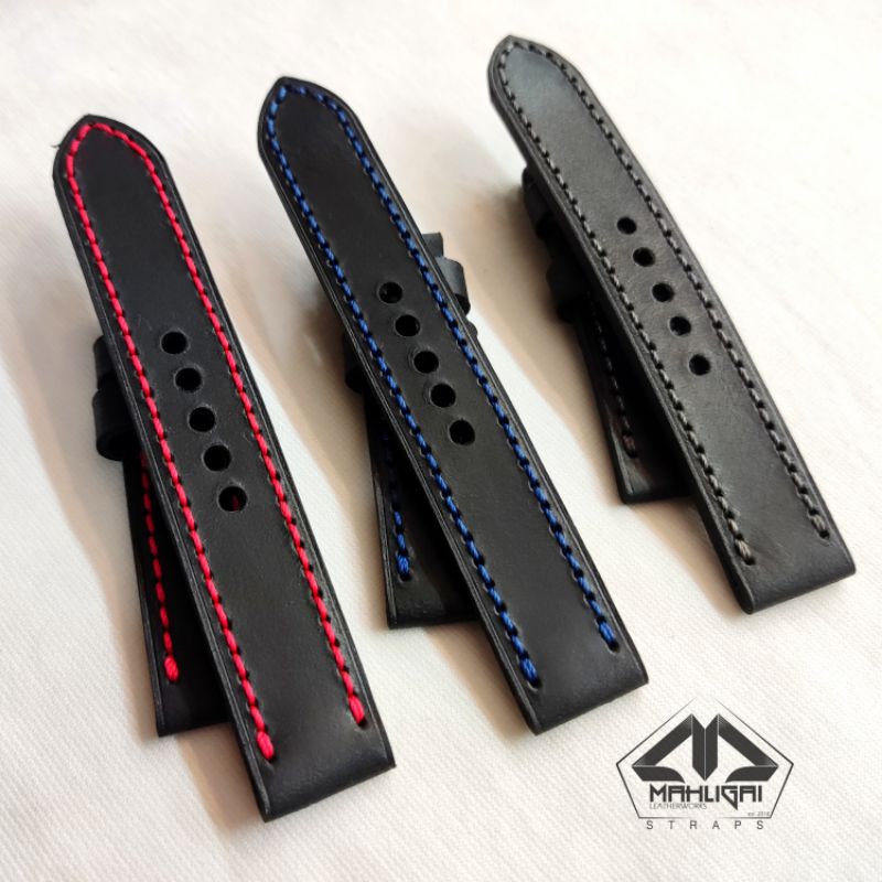 Tali jam tangan kulit / kulit asli premium / strap jam kulit hitam benang merah biru abu