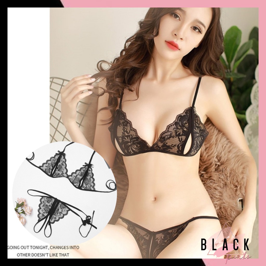 Blackpink Lingerie Set Bra dan G-String Transparant Pita Bunga 3009