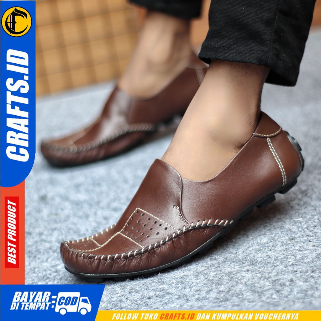 Sepatu Slip On Pria Sepatu Casual Pria Kulit Asli Kerja Kantor Kuliah Kondangan Sepatu Slop Pria Sepatu Hitam Pria CRAFTS GRACKO