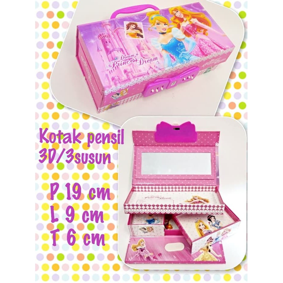 

souvenir ulang tahun anak stationery kotak pensil 3D 3 susun princess