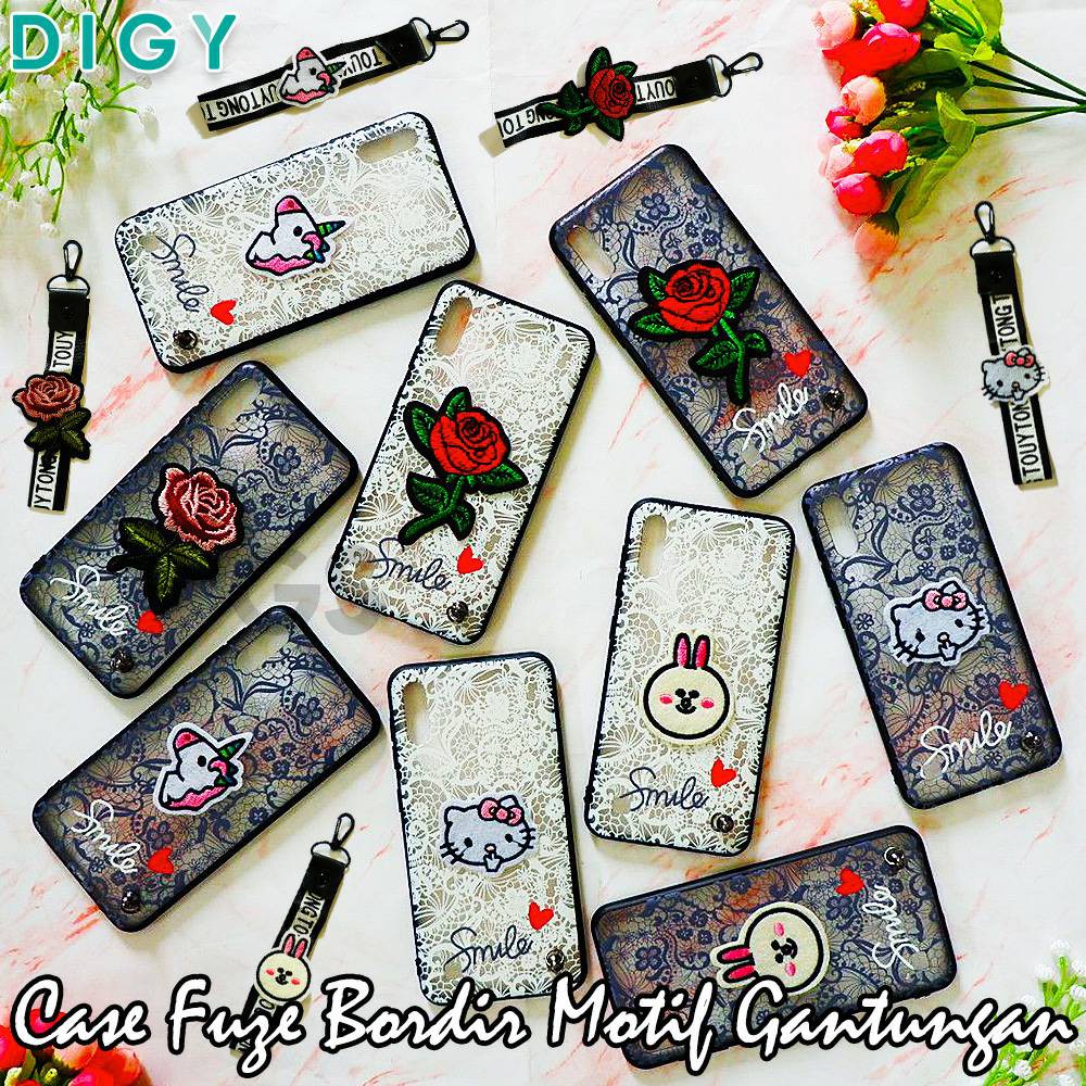 Case SAMSUNG A10 M10 A2 CORE A20E A50 M20 J1 ACE  Bordir Motif bunga  Plus Gantungan  lanyard