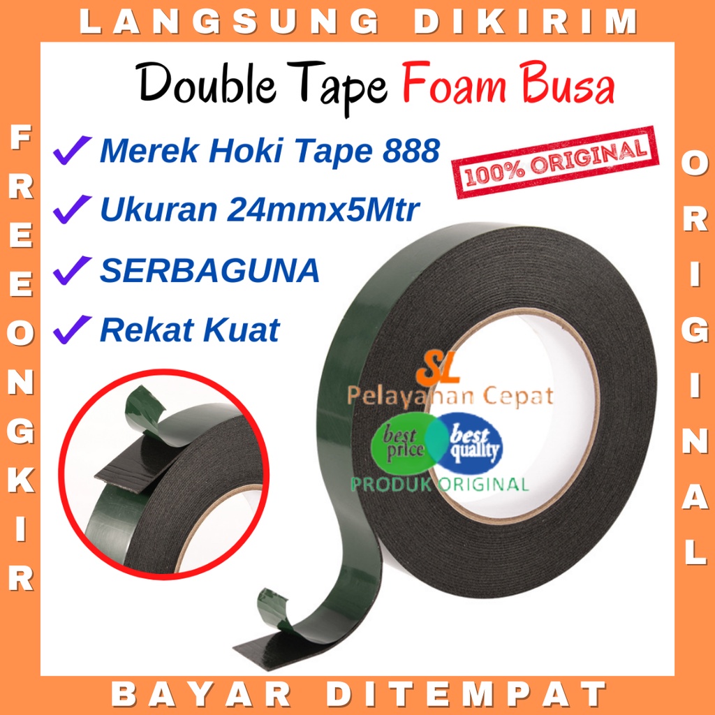 Double Tape Busa Foam Hitam 24mm X 5M Brand Hoki Tape Perekat Berkualitas