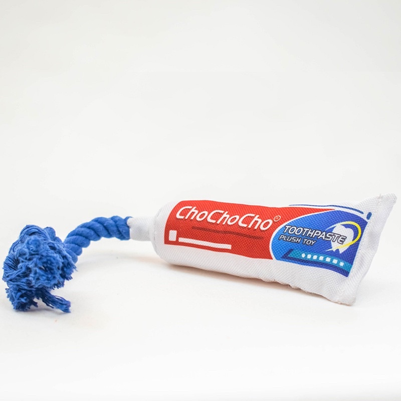 Chocho dog toothpaste squeaky toy with rope