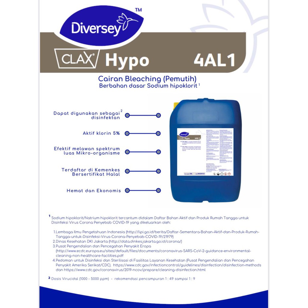 Diversey Clax Hypo 4AL1 20Liter | Disinfektan