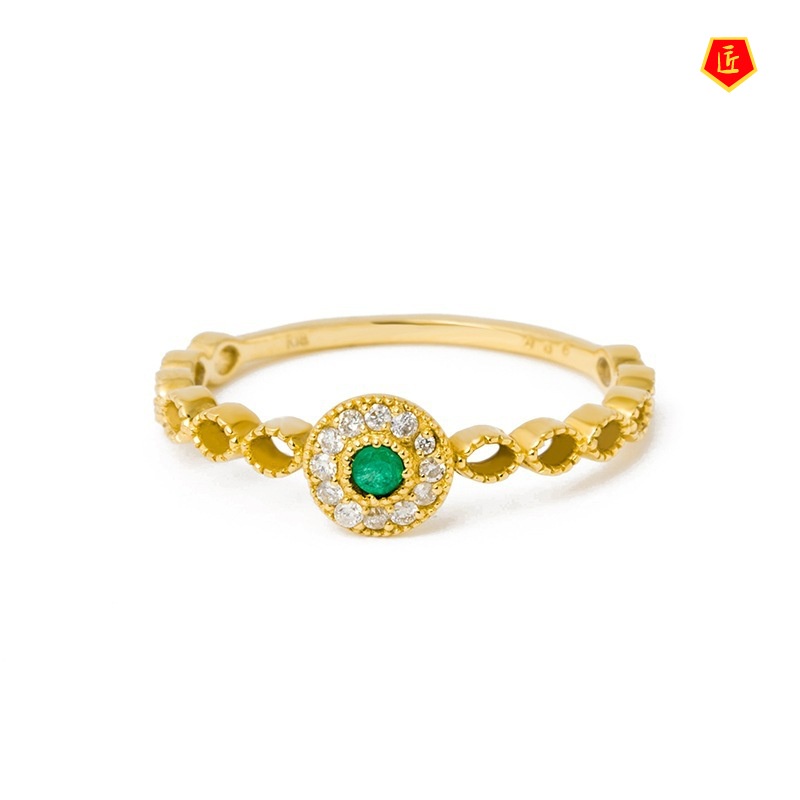 [Ready Stock]Diamond Emerald Hollow Pattern Ring Gold Simple