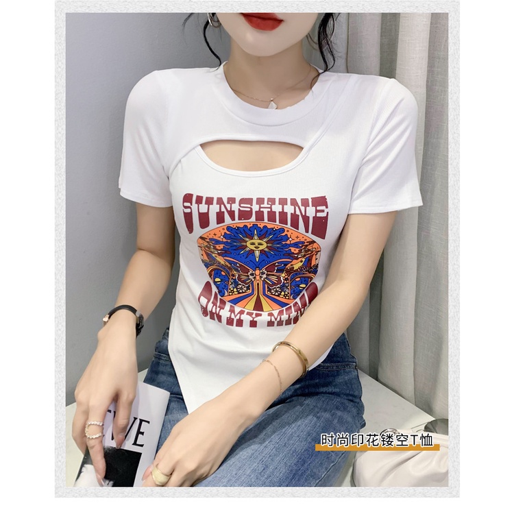 #Sisjuly# Wanita Baru Pendek Slim Fit Sablon Ramping Gaya Barat Wanita Lengan Pendek Atasan Kaos Put