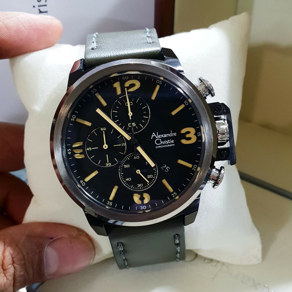 AC Alexandre Christie  ac 6280  jam tangan pria tali kulit hijau lis kuning