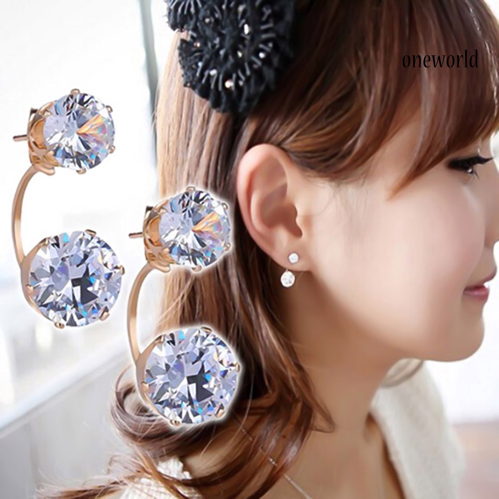 OW@ Ear Studs Double Rhinestones Fashion Drop Alloy Women Ear Jacket Earrings Jewelry for Party