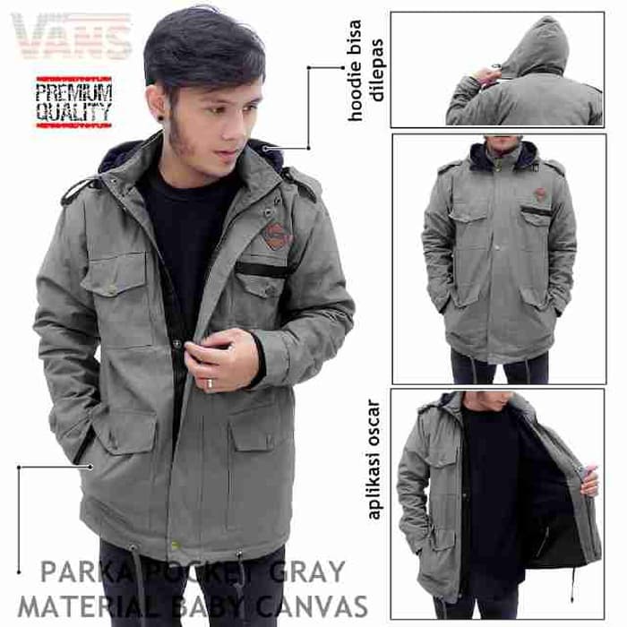 JAKET PARKA VANS POCKET GREY APLIKASI SUEDE KEREN / ABU