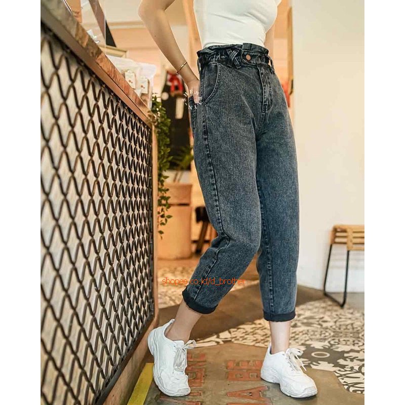 celana jeans baggy wanita highwaist karet stretch melar putih hijau white biru snow black Felicity Boyfriend