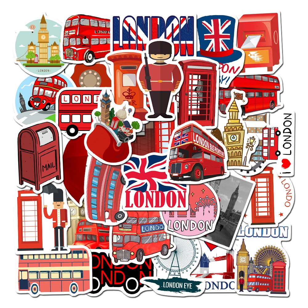 50Pcs London Red Bus Stickers For DIY Luggage Phone Laptop Graffiti Stickers pvc Waterproof sticker