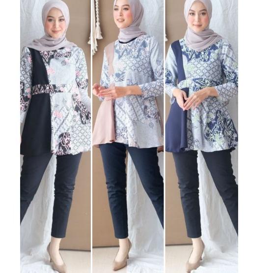 Stok terbatas.. BLOUSE BATIK KOMBINASI BATIK ATASAN WANITA MODERN MOTIF SENO PUTIH AHAWAN