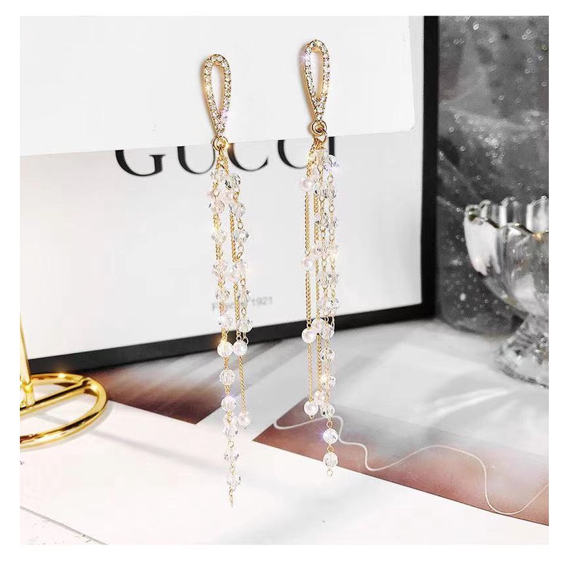 925 jarum perak Korea temperamen air drop Crystal Mutiara rumbai anting-anting panjang pribadi influ
