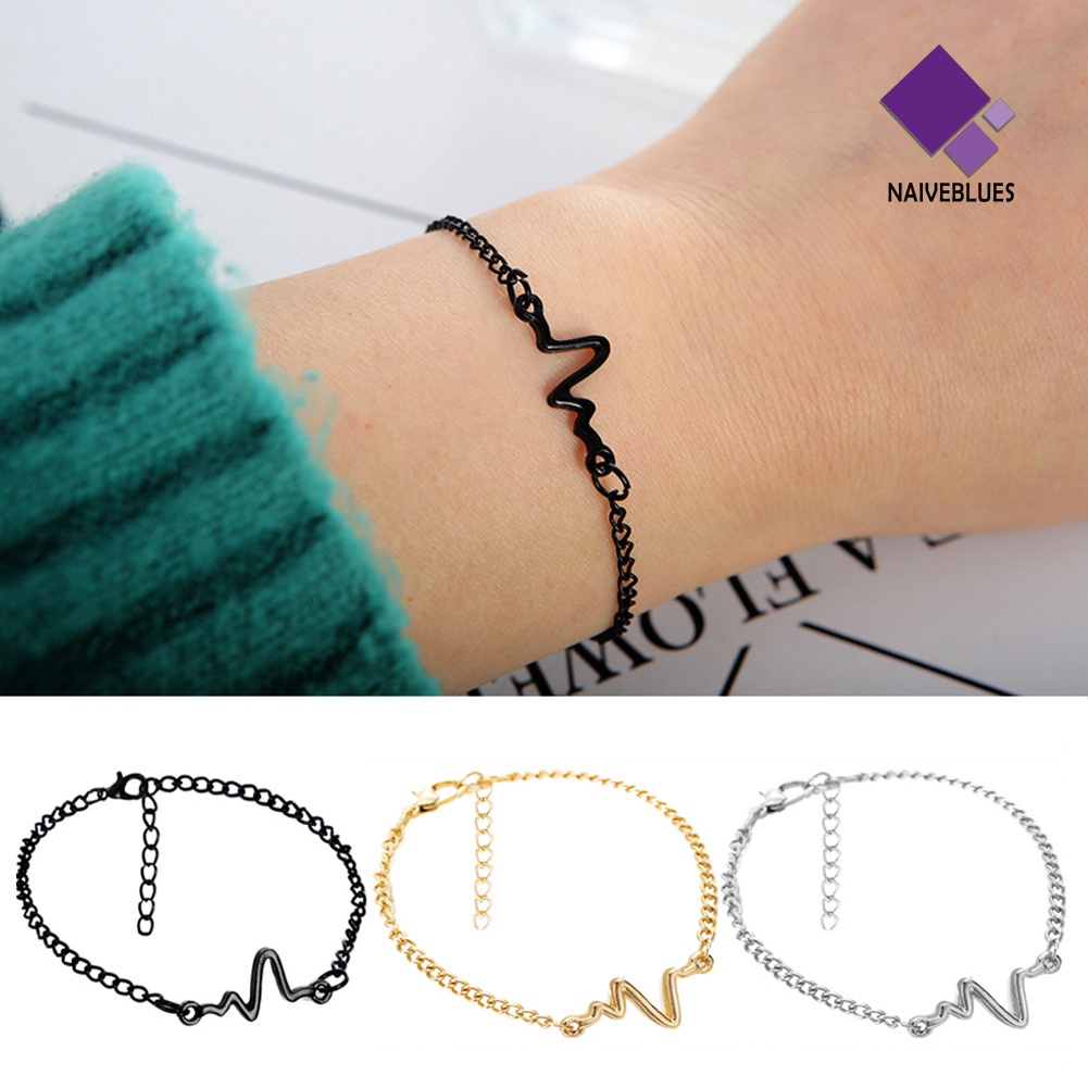 Naiveblue &gt; Gelang Tangan Rantai Adjustable Motif Elektrokardiogram Untuk Pasangan / Pria / Wanita