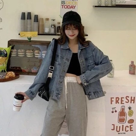 Jaket denim saku longgar lengan panjang retro fashion wanita Korea