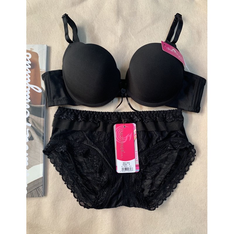 one set underwear/ dalaman set wanita/ pushup bra kawat/ satu set bh celana dalam seserahan-Black