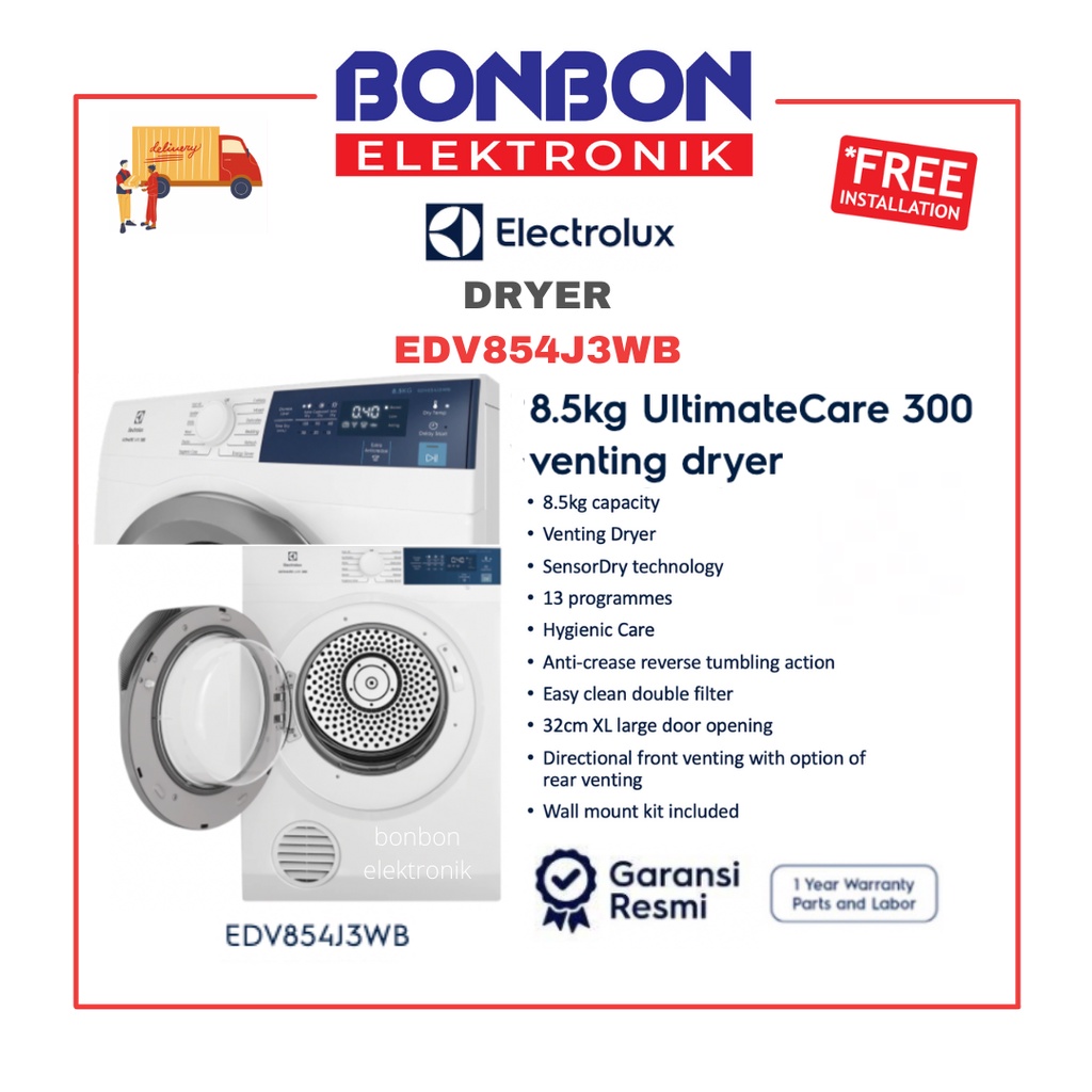 Electrolux Dryer 8.5KG EDV854J3WB / Pengering Pakaian 8.5 KG EDV 854J3WB UltimateCare