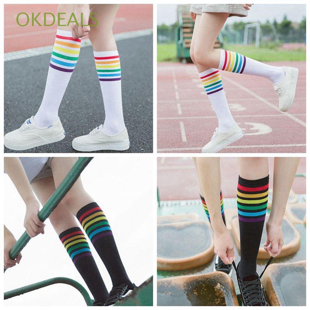  Kaos  Kaki  Panjang  Selutut Motif Garis Pelangi  Bahan Katun 