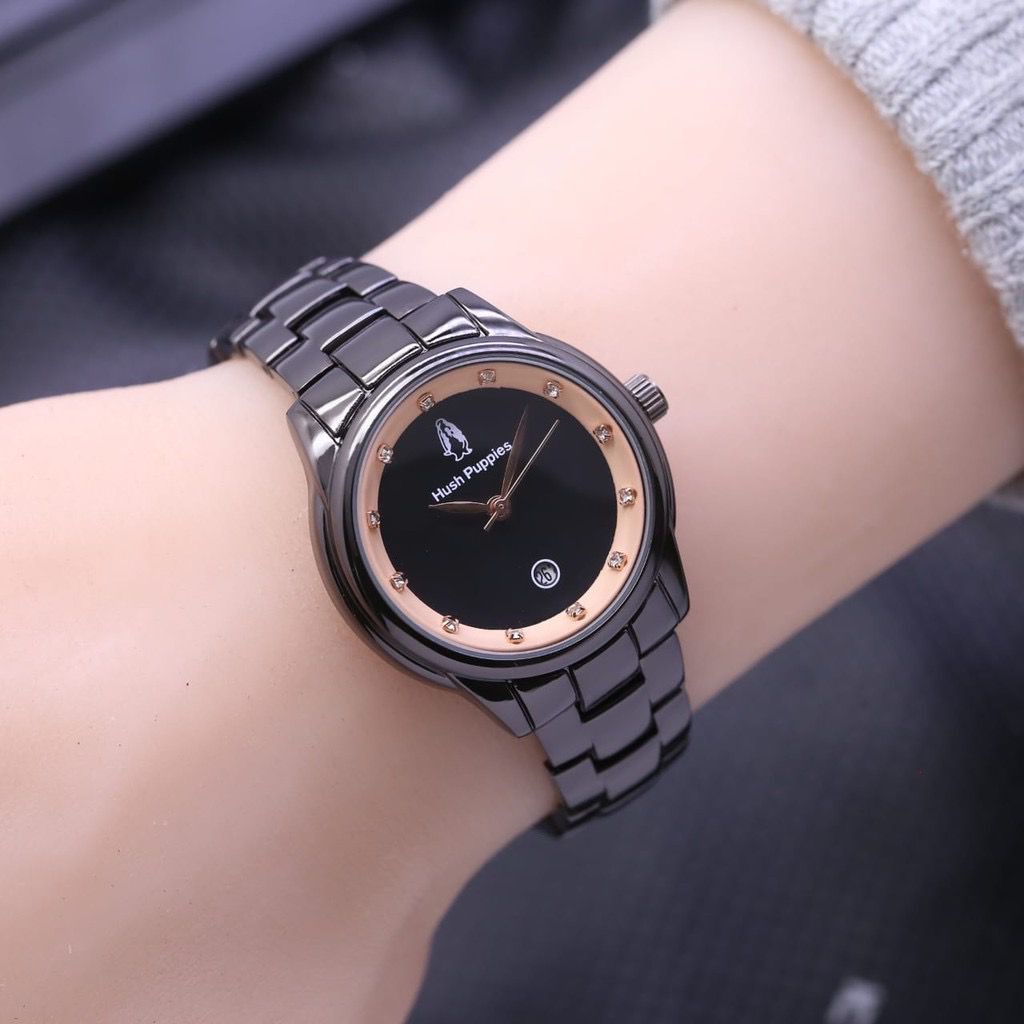 [BISA COD] JAM TANGAN FASHION WANITA HUSH PUPPIES 8398 TALI RANTAI TANGGAL AKTIF