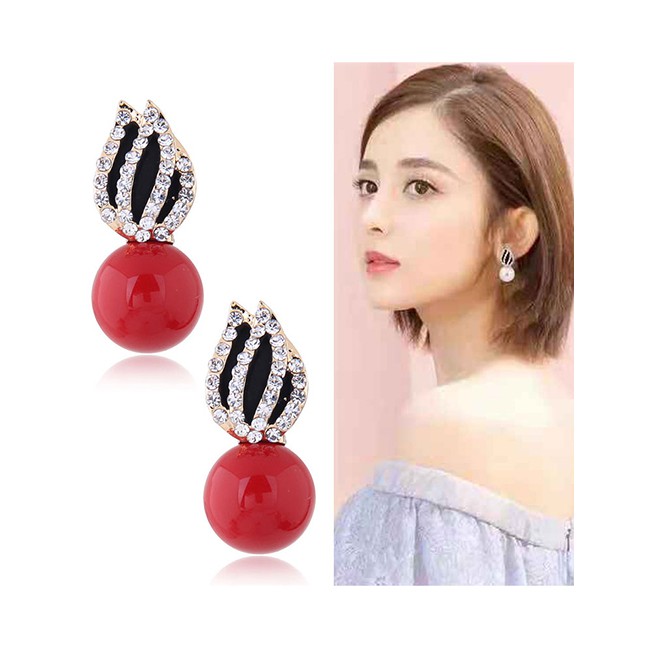 LRC Anting Tusuk Fashion Red Full Diamond Decorated Round Earrings A56898