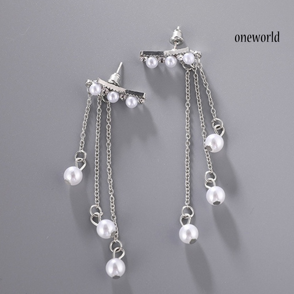 OW# Women Faux Pearls Inlaid Chain Tassel Dangle Ear Jackets Earrings Jewelry Gift