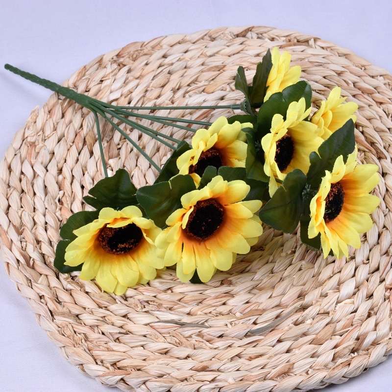 BUNGA MATAHARI ARTIFICIAL SUNFLOWER BUNGA PLASTIK DEKORASI HAND BOUQUET PREMIUM-YELLOW (7 KUNTUM)