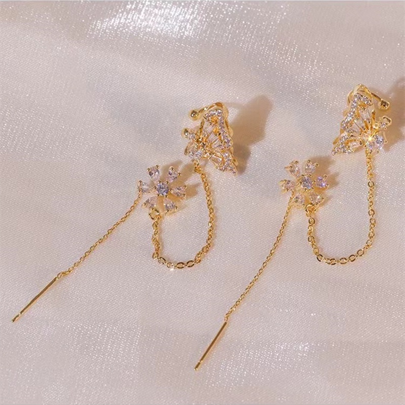 Anting Rumbai Desain Bunga Kupu-Kupu One Piece Aksen Berlian Zircon Gaya Korea Untuk Wanita