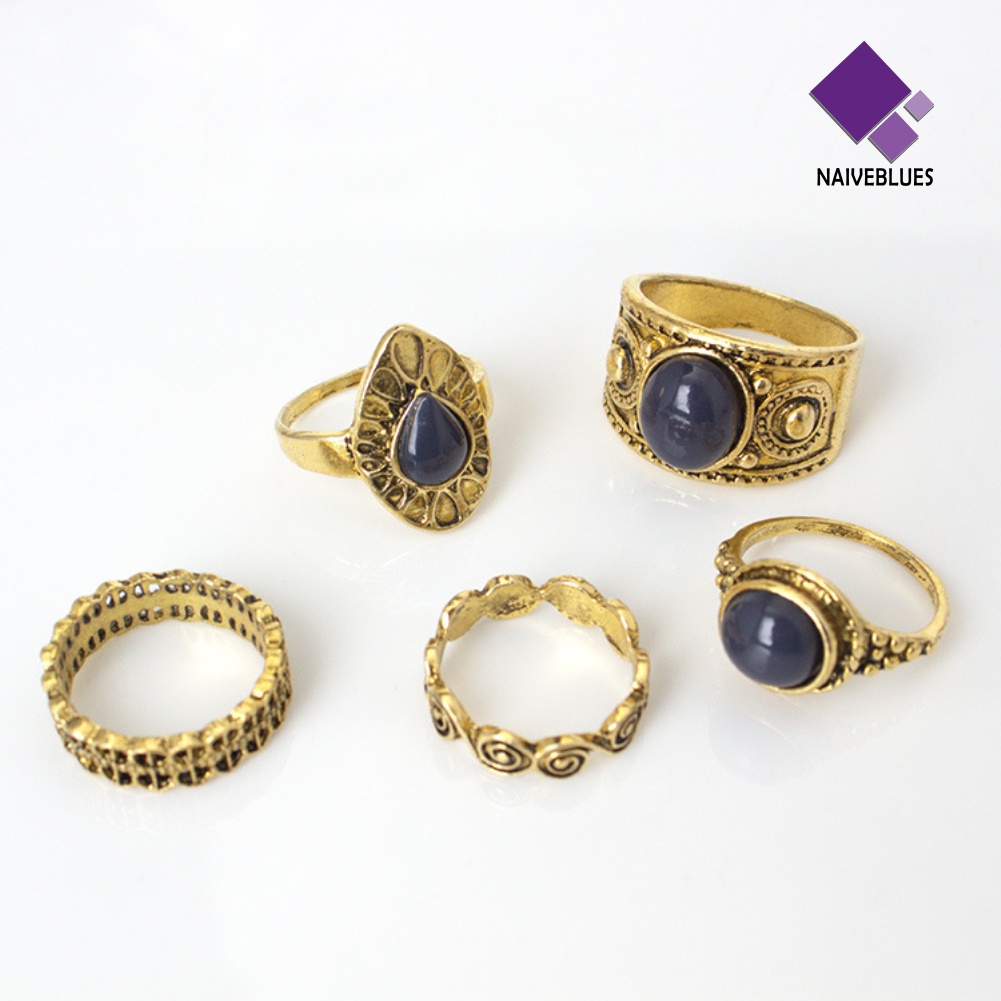Naiveblue 5Pcs / Set Cincin Gaya Vintage Bohemia Aksen Batu Biru Untuk Perhiasan Wanita