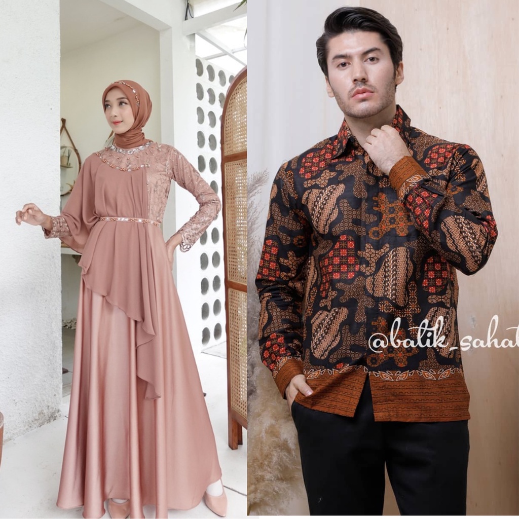 [COUPLE XXL] - RIZKIYA SET COUPLE PREMIUM//GAMIS BROKAT VIRAL KOMBINASI SELENDANG CERUTY//KEMEJA BATIK REMAJA KEKINIAN//COUPLE LAMARAN WISUDA KONDANGAN SERASI KELUARGA