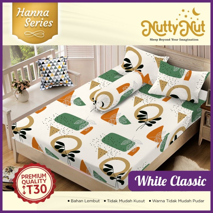 Sprei Nutty Nut Sprei Set Microtex Hn - 160x200x30 Queen - White Classic(G3B1) Seprei Waterproof Spr