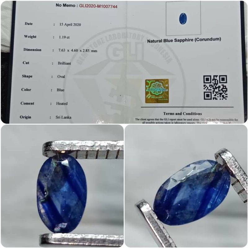 Natural Blue Sapphire Ceylon 1 ct up memo GLI safir Srilanka