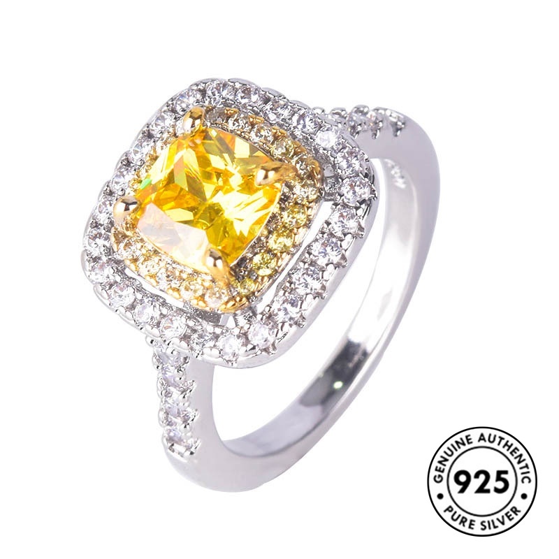 Cincin Berlian Kuning Bahan S925 Silver Untuk Wanita