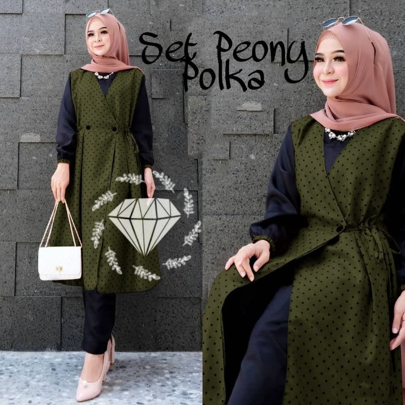 SET CELANA PEONY POLKA, CODORAY, GAMIS HIJAB MUSLIM, SETELAN