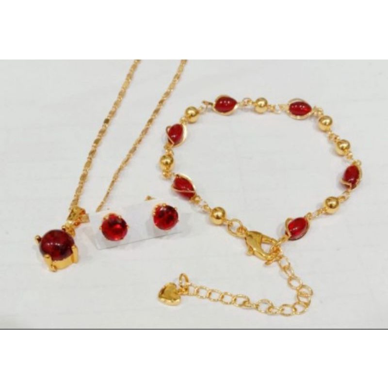 Set perhiasan wanita motif giok merah delima lapis emas 24k