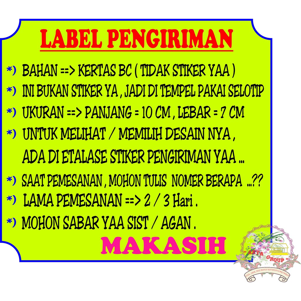 

LABEL PENGIRIMAN DESAIN DARI ANDA,KAMI HANYA CETAK - 10x7 cm (KERTAS BC/MANILA)