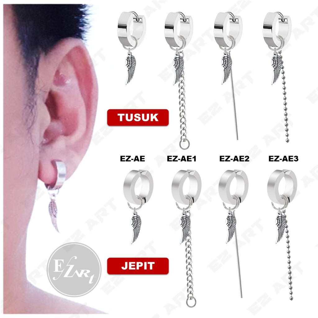 1Pc Model EZ-AE Silver Anting Pria dan Wanita Jepit Tusuk Variasi Bandul Sayap