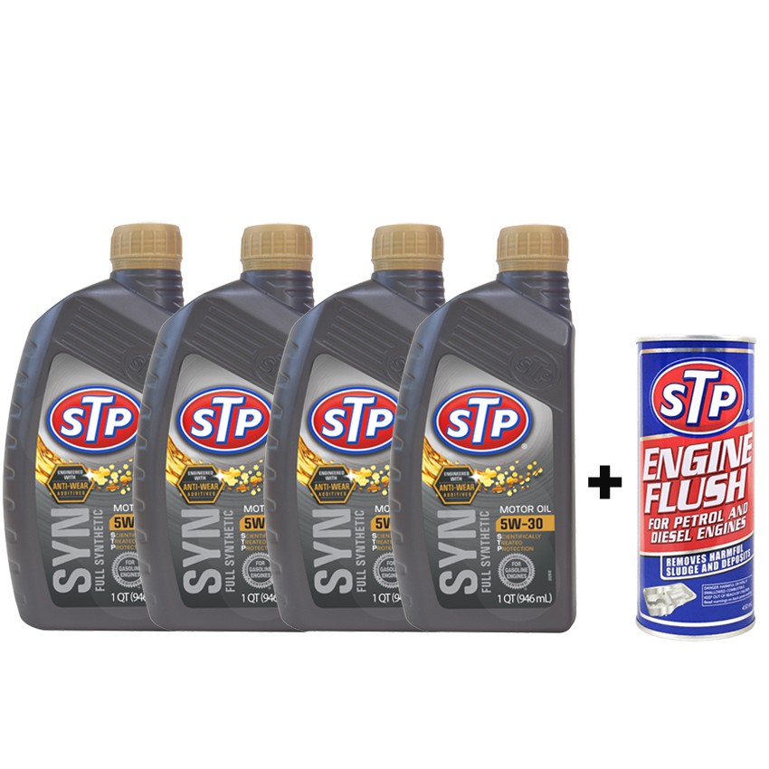 STP - [BUNDLE] Engine Flush x1 + Full Synthetic Motor Oil 5W-30 x4 Paket Hemat Perawatan Oli Mobil