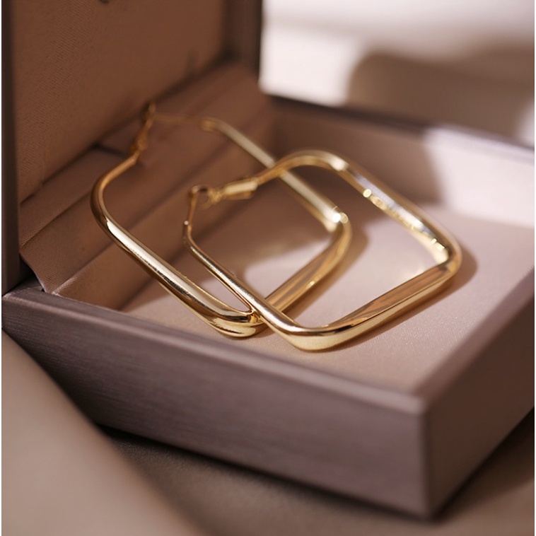 Anting Geometris Besar Anti Karat Bentuk Kotak warna Gold Silver Anting Titanium 5.8cm Hoop Earrings-7