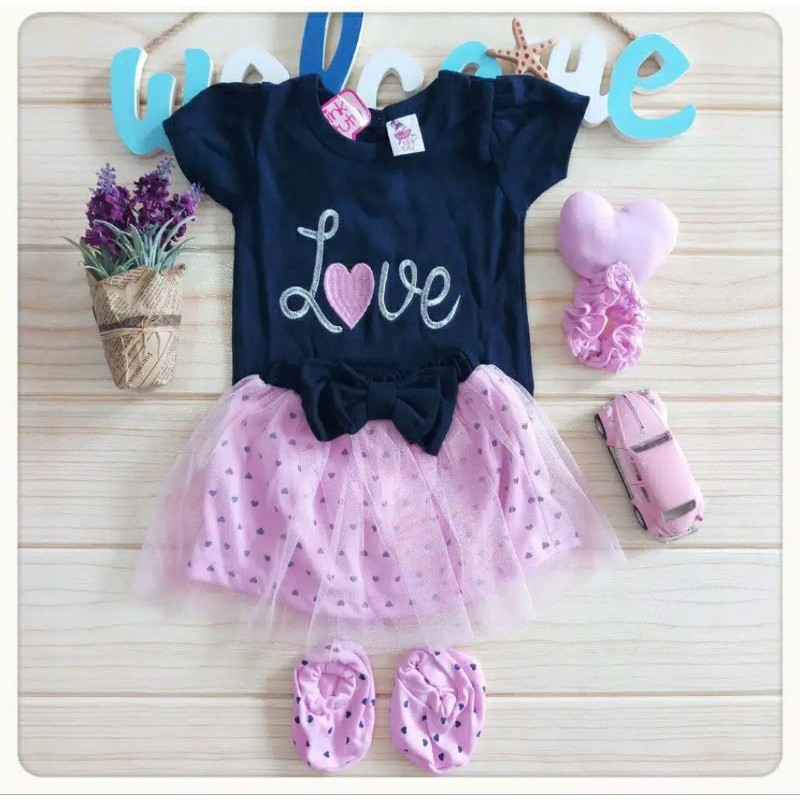 Baju Bayi Perempuan Setelan Jumper rok tutu ROSELOVE free bandana dan sepatu Anak cewek