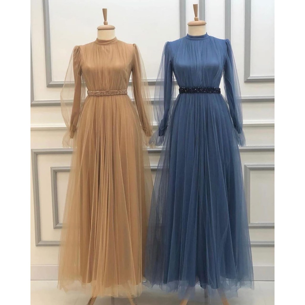 ANDINI DRESS/ GAUN WANITA BAHAN MOSCREPE MIX TILE FASHION HIJAB KEKINIAN