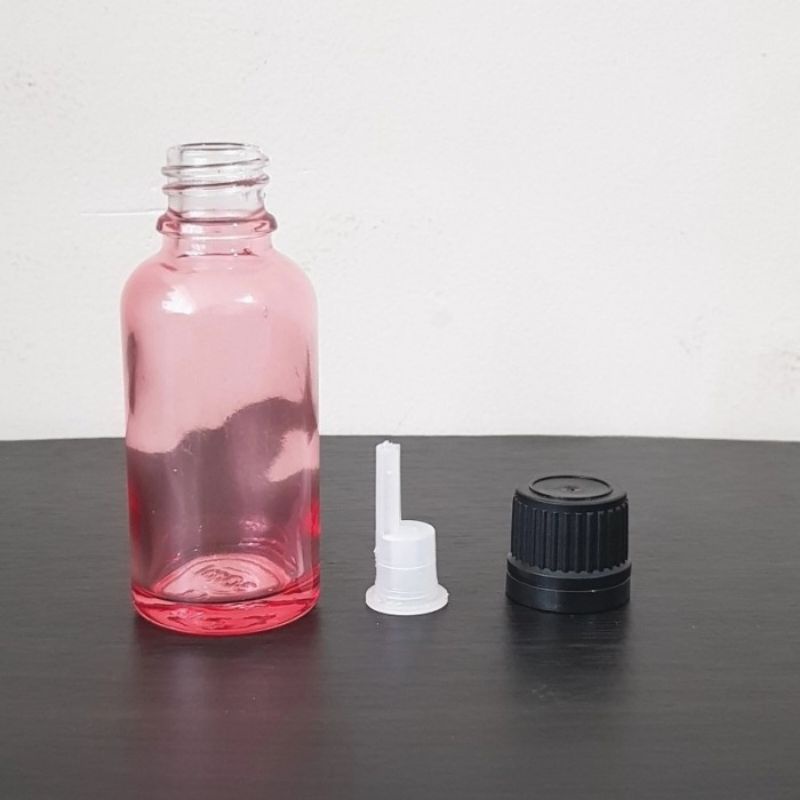 botol kaca 30ml tebal pink clear tutup filler hitam