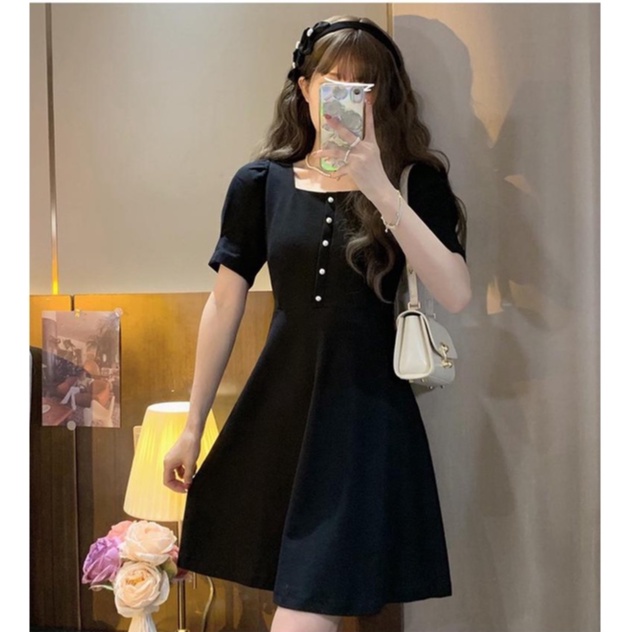 [littlecrab] Dress Hitam Classic With Pearl Squareneck A-Line Simple Elegan Dress Pendek Gaun Pesta Import Modern Berkualitas Korean Style